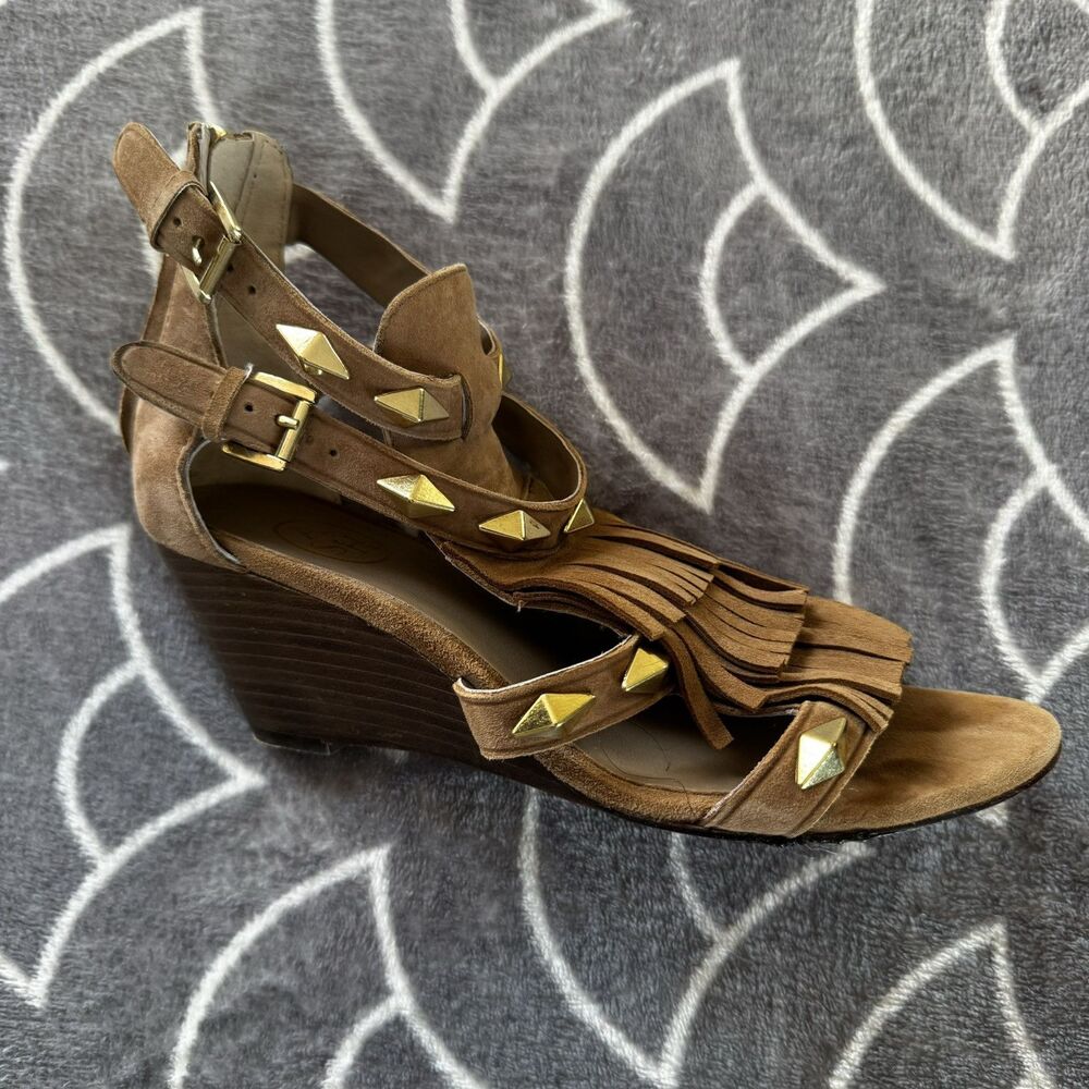 ASH Brown Suede Fringe Studded Leather Gladiator Studded Sandal Heels Sz 36 - Picture 6 of 16